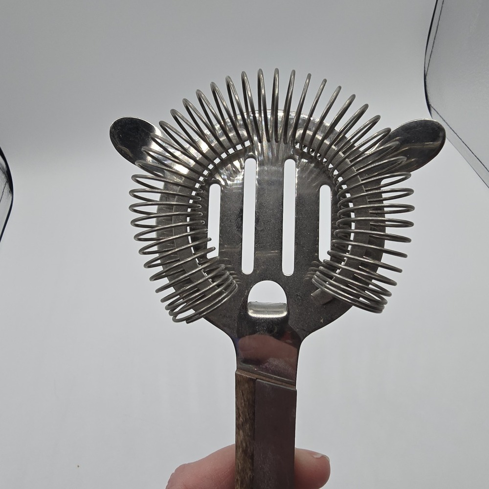 Vintage MCM Cocktail Strainer Stainless Steel & Wood Handle Bar Accessory - Picture 2 of 7